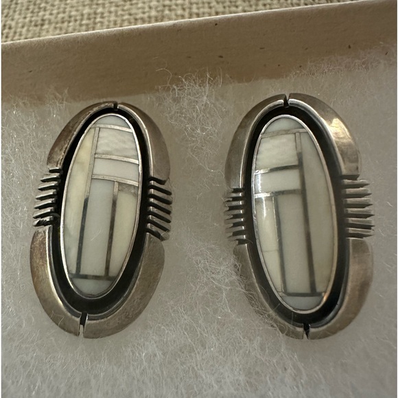 Gilbert Nelson Sterling Silver Navajo Art Deco Inlay Inlaid Earrings Signed OOAK - Picture 1 of 9